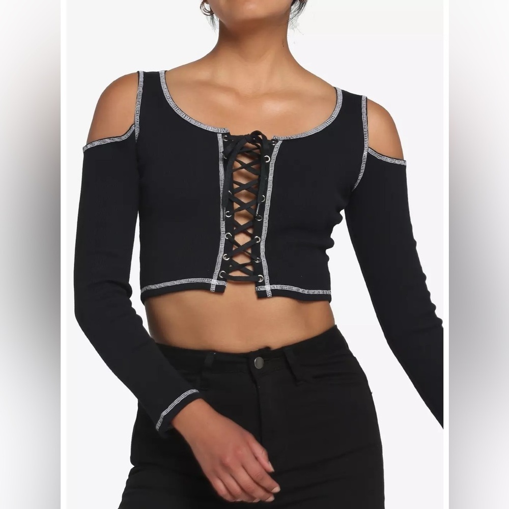 Dolls Kill POSTER GIRL Black Top White Stitching lace up Medium gothic grunge